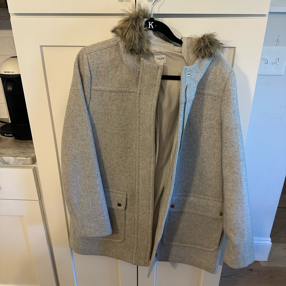 J. Crew Light Gray Coat with Faux Fur Hood